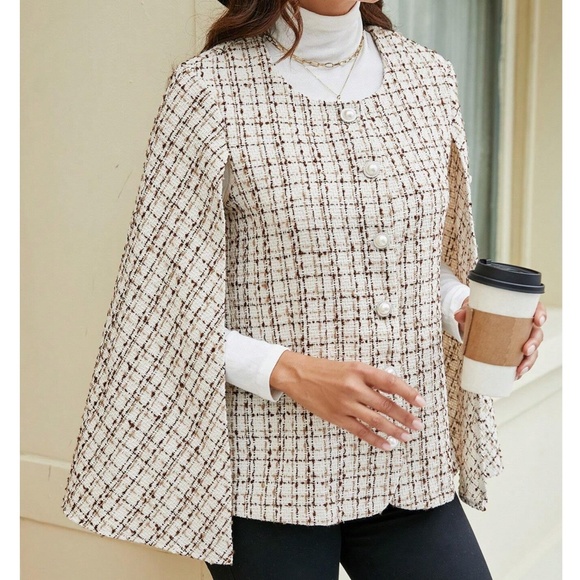 Classic Plaid Button up Cape Jacket Coat - Picture 4 of 5